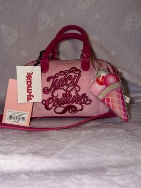 Juicy Couture Hot Pink Satin Logo Crossbody with Ice Cream Charm